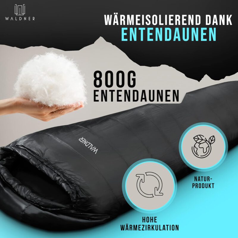 WALDNER Daunenschlafsack Ultraleicht, kleines Packmaß, 4 Jahreszeiten, 800g Daunen, 600FP Bauschkraft, Schlafsack Outdoor und Camping, leicht & warm – Bild 2