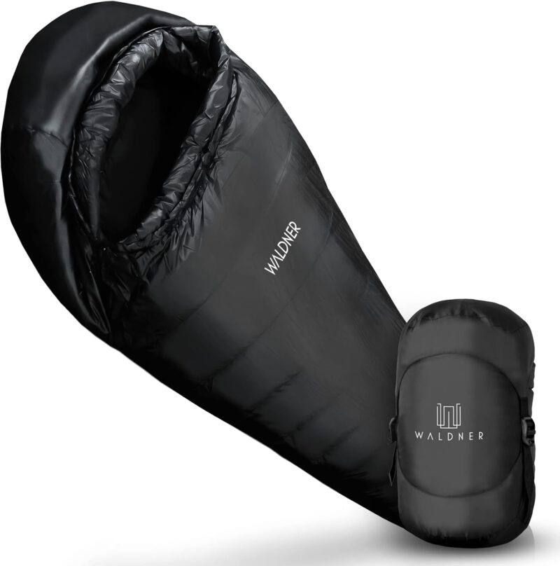 WALDNER Daunenschlafsack Ultraleicht, kleines Packmaß, 4 Jahreszeiten, 800g Daunen, 600FP Bauschkraft, Schlafsack Outdoor und Camping, leicht & warm