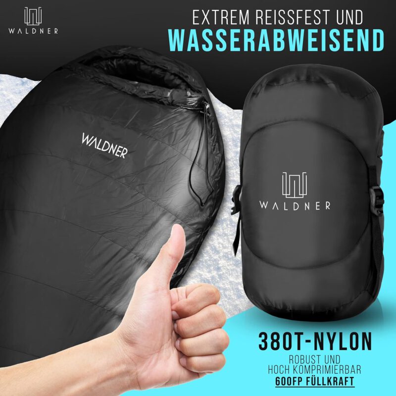 WALDNER Daunenschlafsack Ultraleicht, kleines Packmaß, 4 Jahreszeiten, 800g Daunen, 600FP Bauschkraft, Schlafsack Outdoor und Camping, leicht & warm – Bild 4