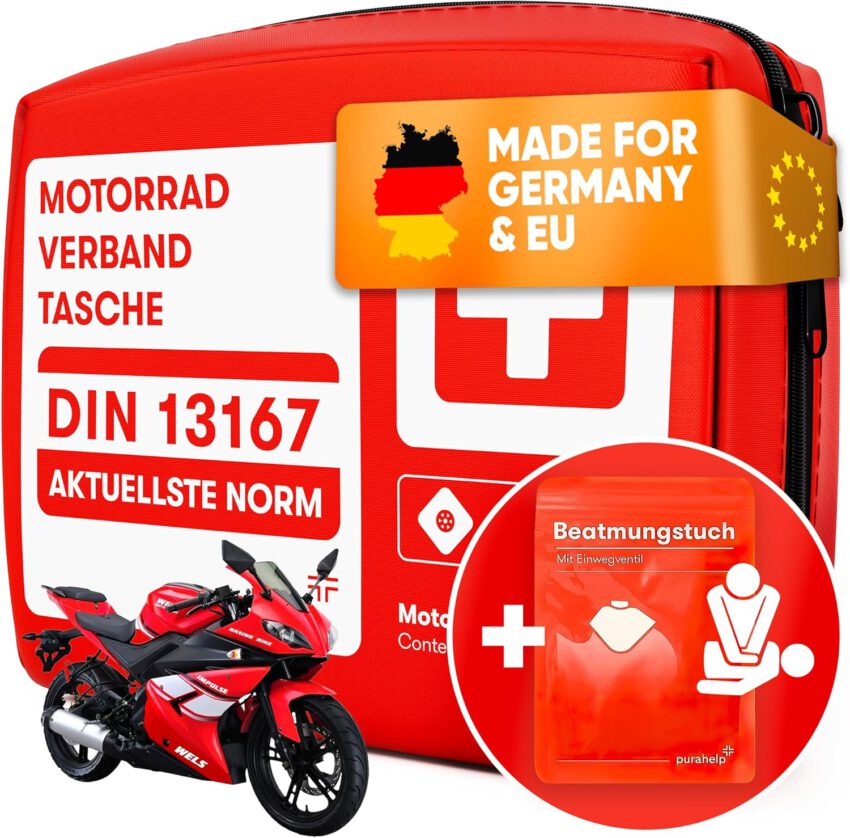 Motorrad Verbandskasten nach aktueller Norm 2025 DIN 13167 (StVO konform) - Inkl. Beatmungstuch - Motorrad Erste Hilfe Set 2025 Mini Klein